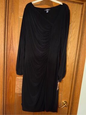 Chaps Long Slit Sleeve Side Ruched Asymmetric V Neck Sheath Dress Size XL Black